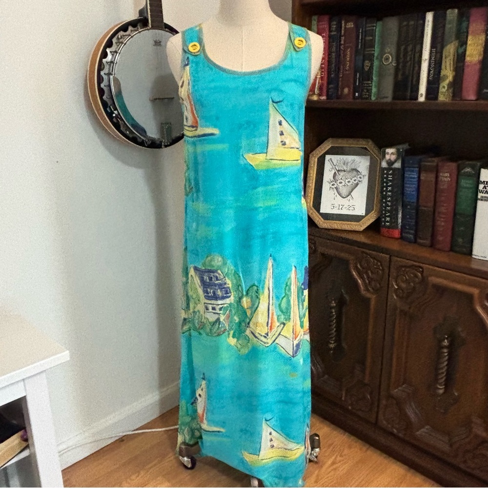 VTG 90s Nino Wong Sailboat Painterly Maxi Dress Chunky Yellow Button Artsy Sz XS